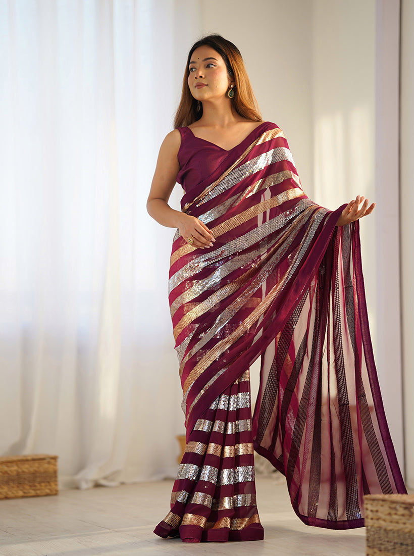Monjolika Fashion Sequins Work Wine Georgette Festival Party Wear Saree | Grocsy