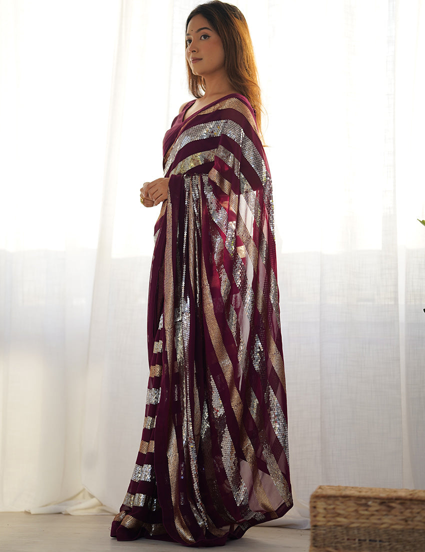 Monjolika Fashion Sequins Work Wine Georgette Festival Party Wear Saree | Grocsy