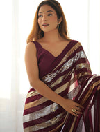 Monjolika Fashion Sequins Work Wine Georgette Festival Party Wear Saree | Grocsy
