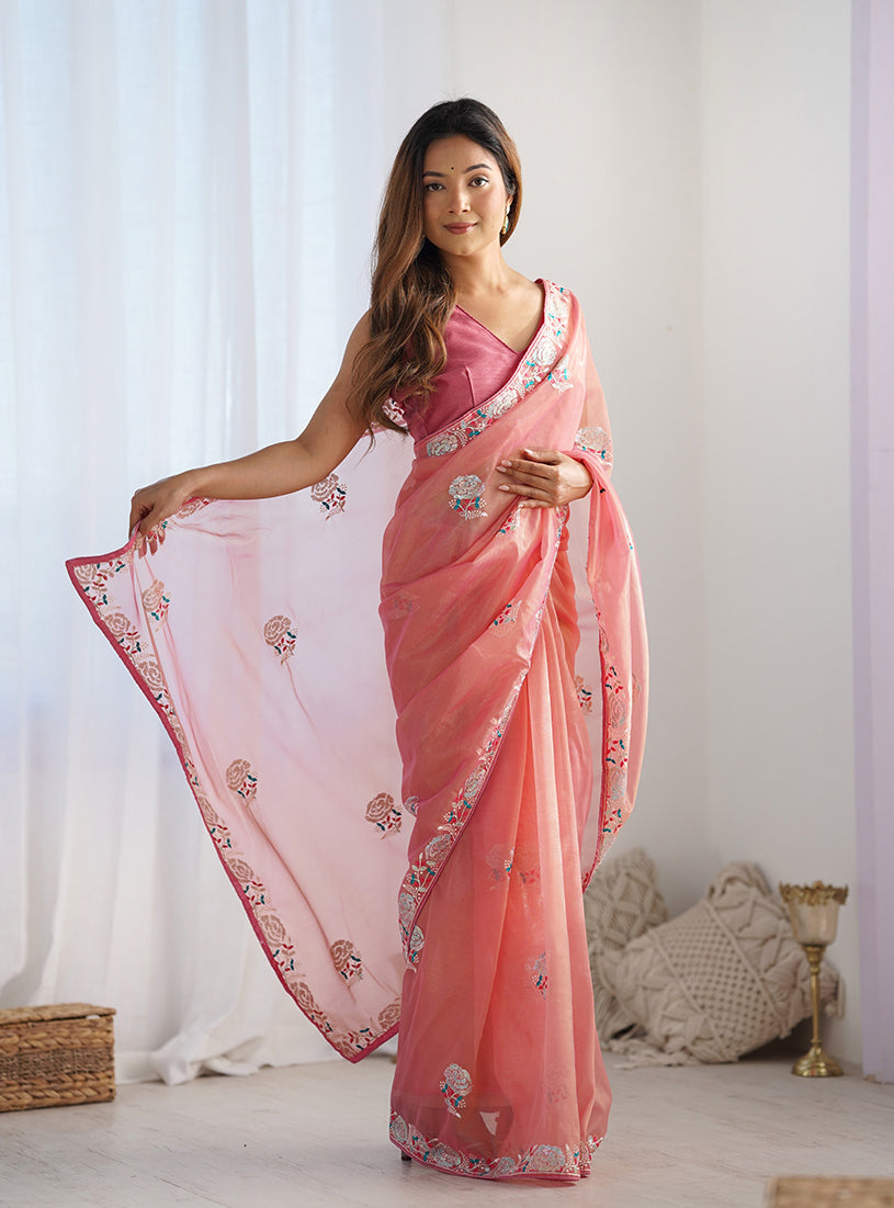 Monjolika Fashion Peach Thread Embroidery Net Trendy Saree | Grocsy