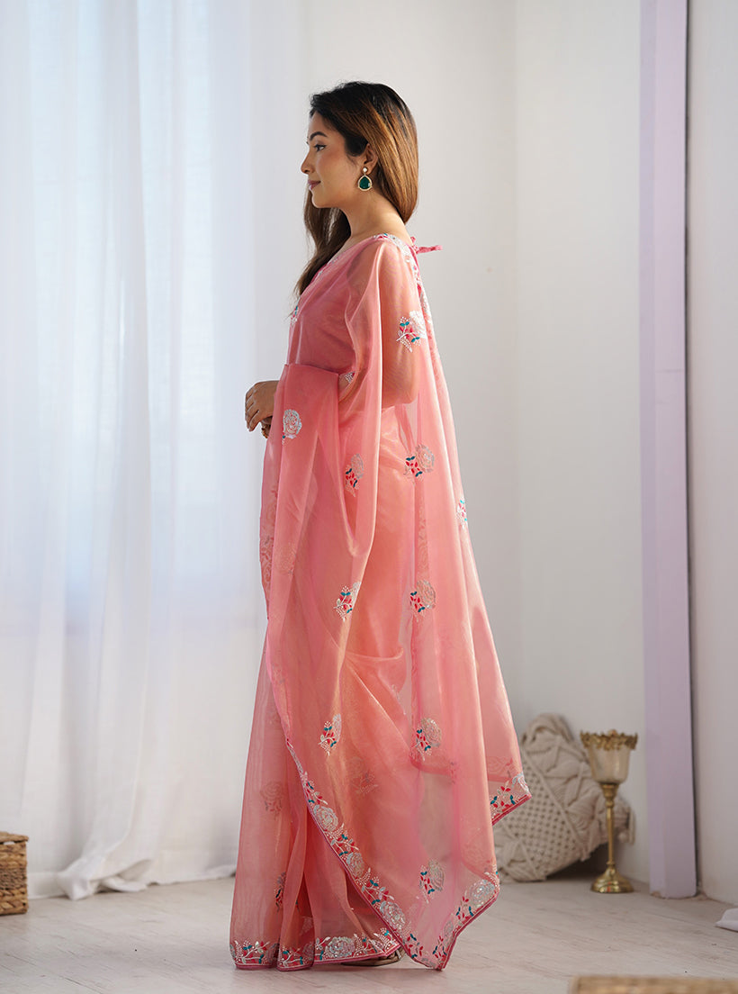 Monjolika Fashion Peach Thread Embroidery Net Trendy Saree | Grocsy