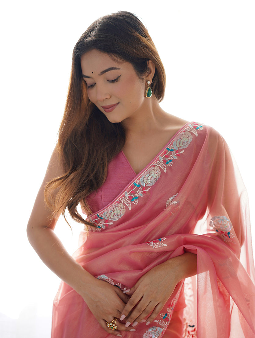 Monjolika Fashion Peach Thread Embroidery Net Trendy Saree | Grocsy