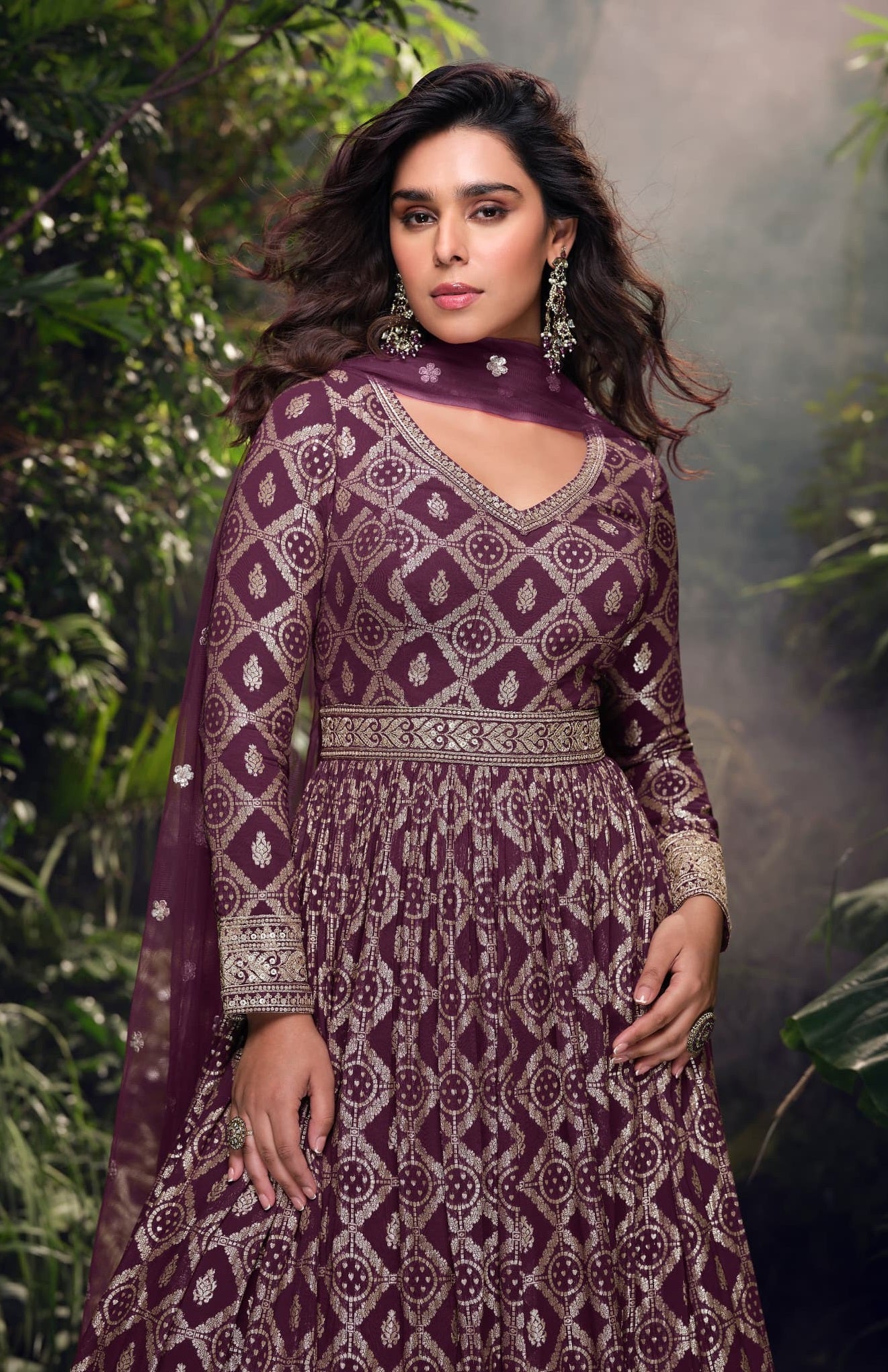 Anaita Wine Viscose Simar Jacquard Stitched Handmade Khatli Work Anarkali Gown | Grocsy