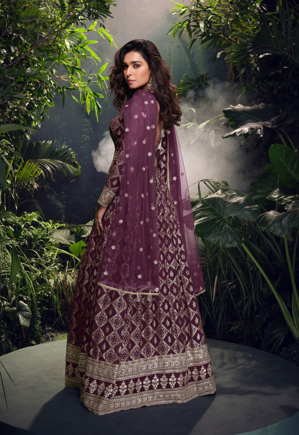 Anaita Wine Viscose Simar Jacquard Stitched Handmade Khatli Work Anarkali Gown | Grocsy