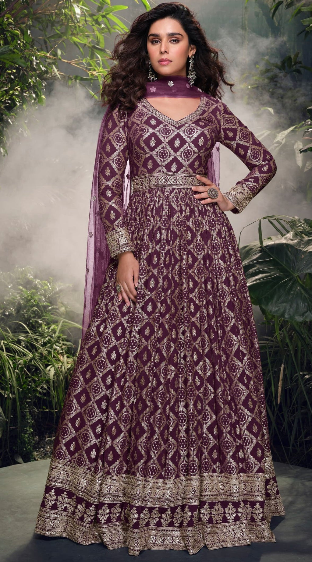Anaita Wine Viscose Simar Jacquard Stitched Handmade Khatli Work Anarkali Gown | Grocsy