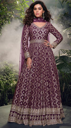 Anaita Wine Viscose Simar Jacquard Stitched Handmade Khatli Work Anarkali Gown | Grocsy
