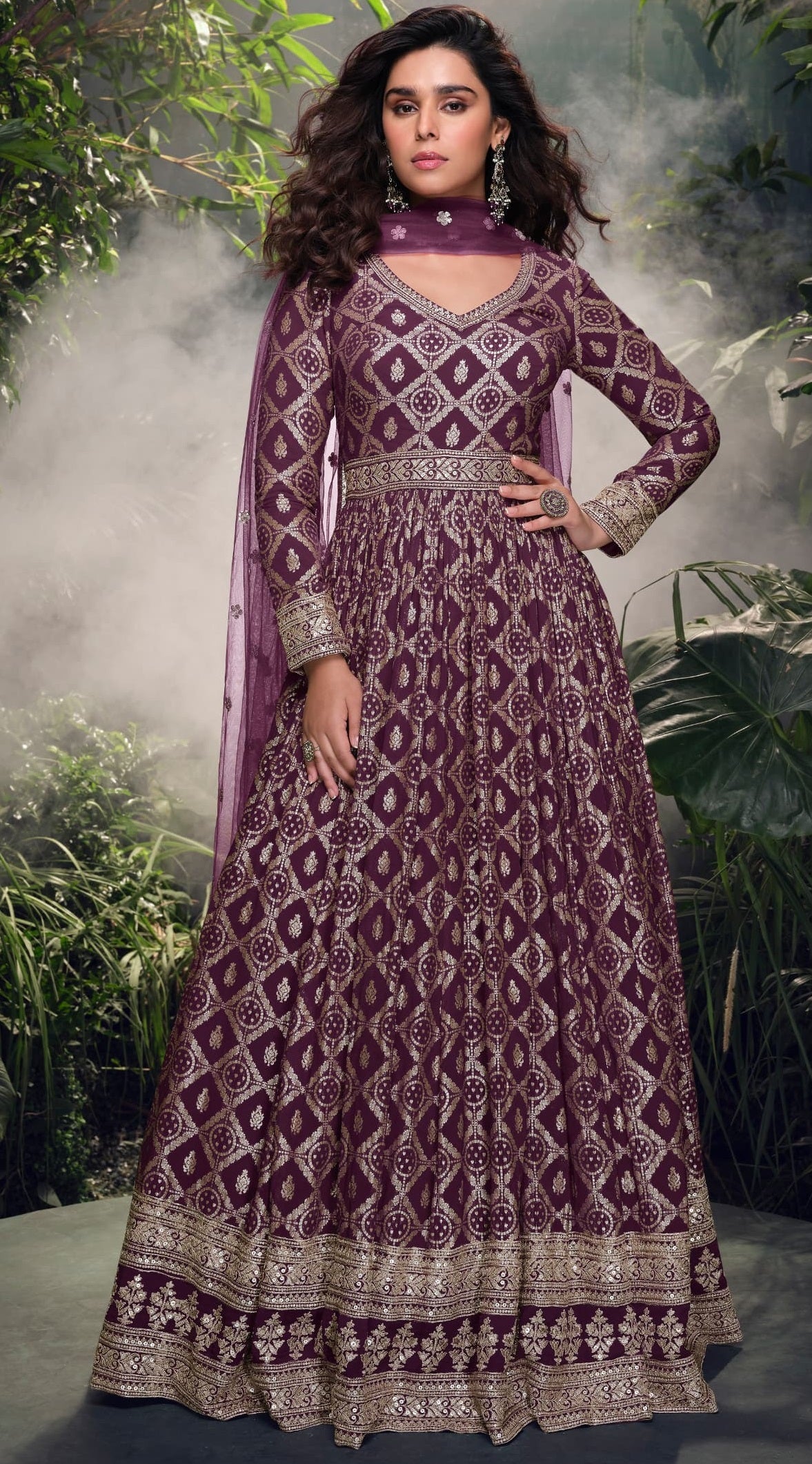 Anaita Wine Viscose Simar Jacquard Stitched Handmade Khatli Work Anarkali Gown | Grocsy