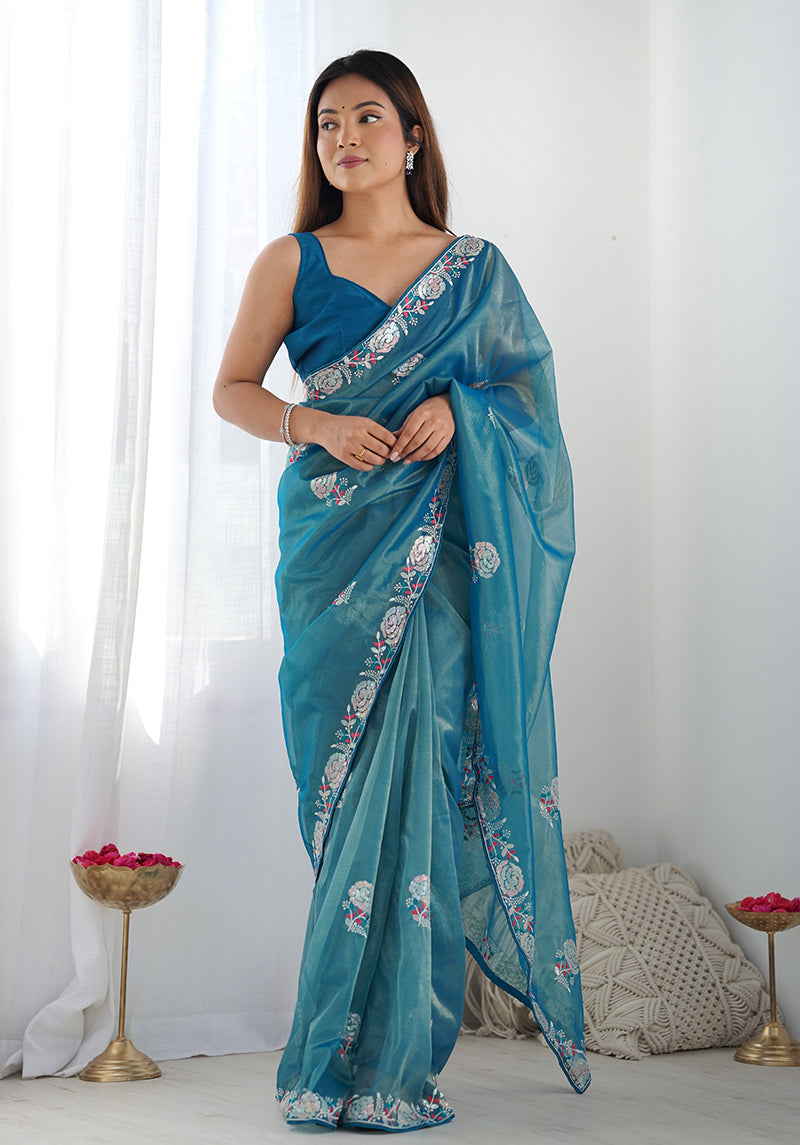Monjolika Fashion Teal Blue Thread Embroidery Net Trendy Saree | Grocsy