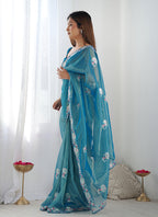 Monjolika Fashion Teal Blue Thread Embroidery Net Trendy Saree | Grocsy