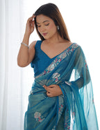 Monjolika Fashion Teal Blue Thread Embroidery Net Trendy Saree | Grocsy