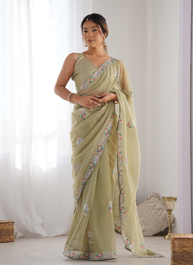 Monjolika Fashion Pista Green Thread Embroidery Net Trendy Saree | Grocsy