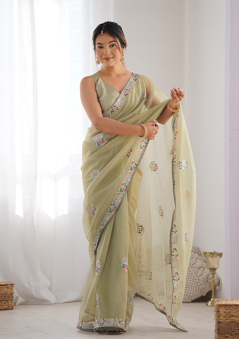 Monjolika Fashion Pista Green Thread Embroidery Net Trendy Saree | Grocsy