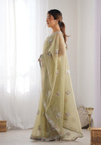 Monjolika Fashion Pista Green Thread Embroidery Net Trendy Saree | Grocsy