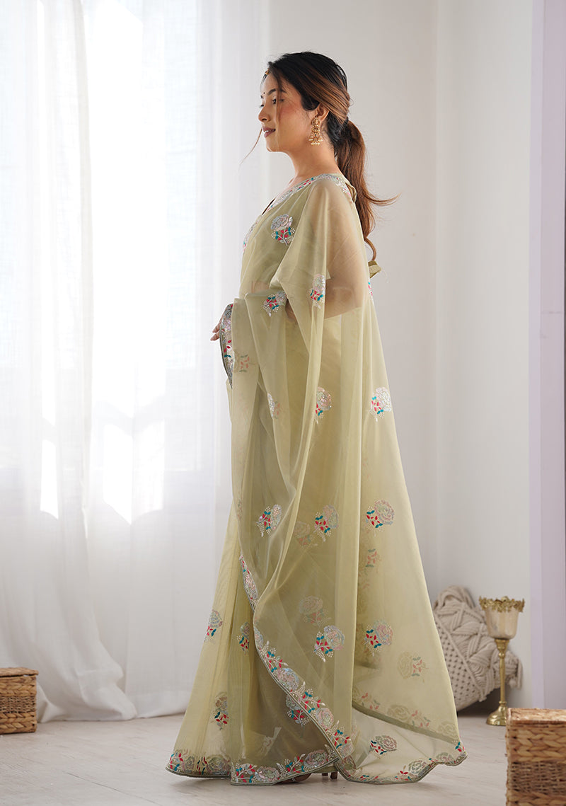 Monjolika Fashion Pista Green Thread Embroidery Net Trendy Saree | Grocsy