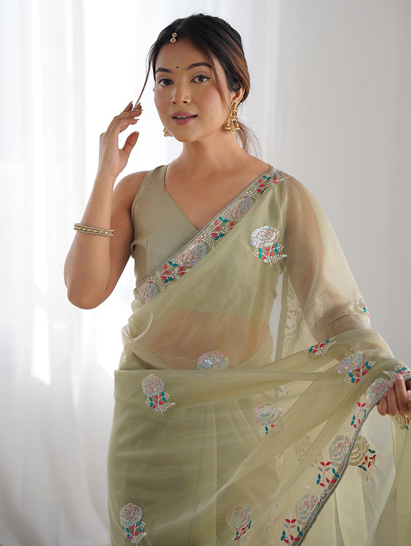 Monjolika Fashion Pista Green Thread Embroidery Net Trendy Saree | Grocsy