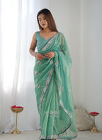Monjolika Fashion Sea Green Thread Embroidery Net Trendy Saree | Grocsy