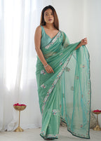 Monjolika Fashion Sea Green Thread Embroidery Net Trendy Saree | Grocsy