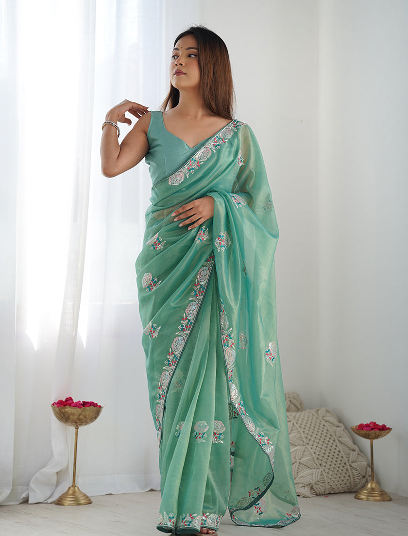 Monjolika Fashion Sea Green Thread Embroidery Net Trendy Saree | Grocsy