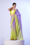Monjolika Fashion Lavender & Parrot Green Chinon Lace Work Saree With Unstitched Blouse For Women | Grocsy