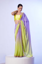 Monjolika Fashion Lavender & Parrot Green Chinon Lace Work Saree With Unstitched Blouse For Women | Grocsy