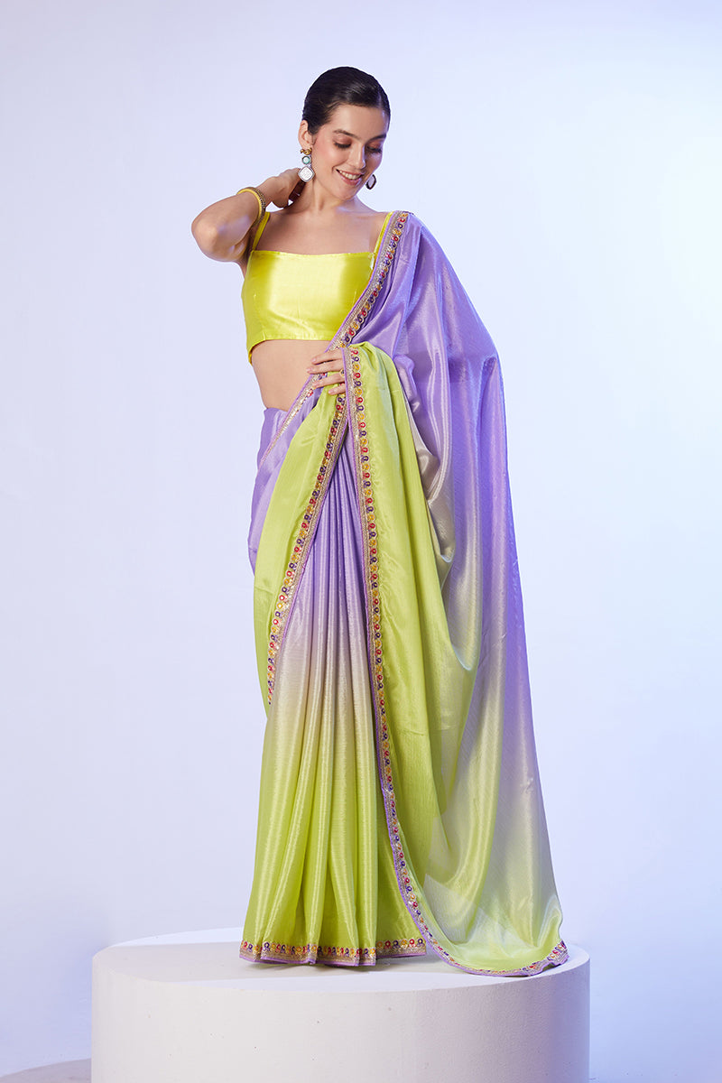 Monjolika Fashion Lavender & Parrot Green Chinon Lace Work Saree With Unstitched Blouse For Women | Grocsy