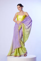 Monjolika Fashion Lavender & Parrot Green Chinon Lace Work Saree With Unstitched Blouse For Women | Grocsy