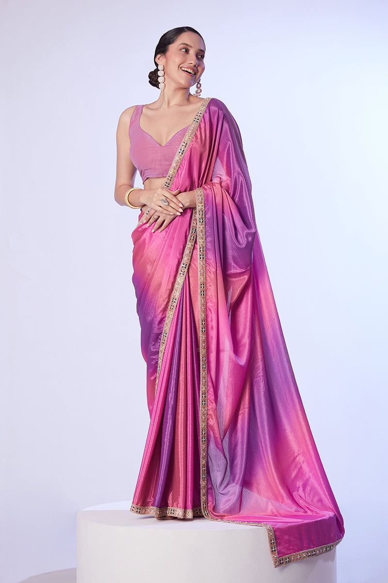 Monjolika Fashion Pink & Lavender Chinon Lace Work Saree With Unstitched Blouse For Women | Grocsy