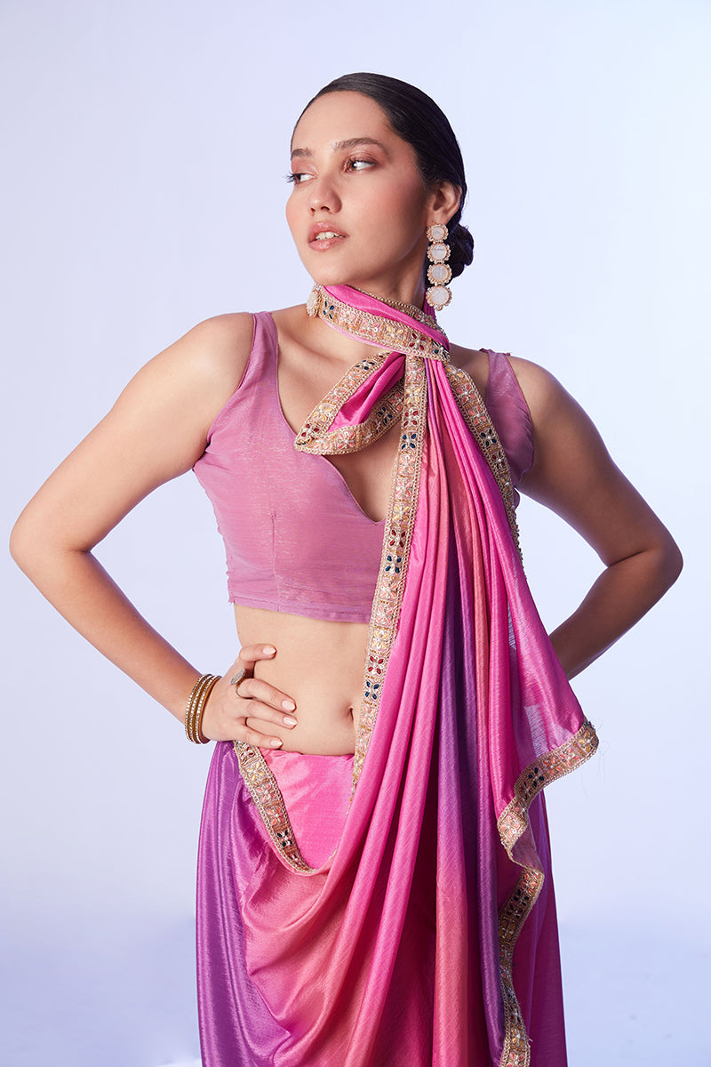 Monjolika Fashion Pink & Lavender Chinon Lace Work Saree With Unstitched Blouse For Women | Grocsy