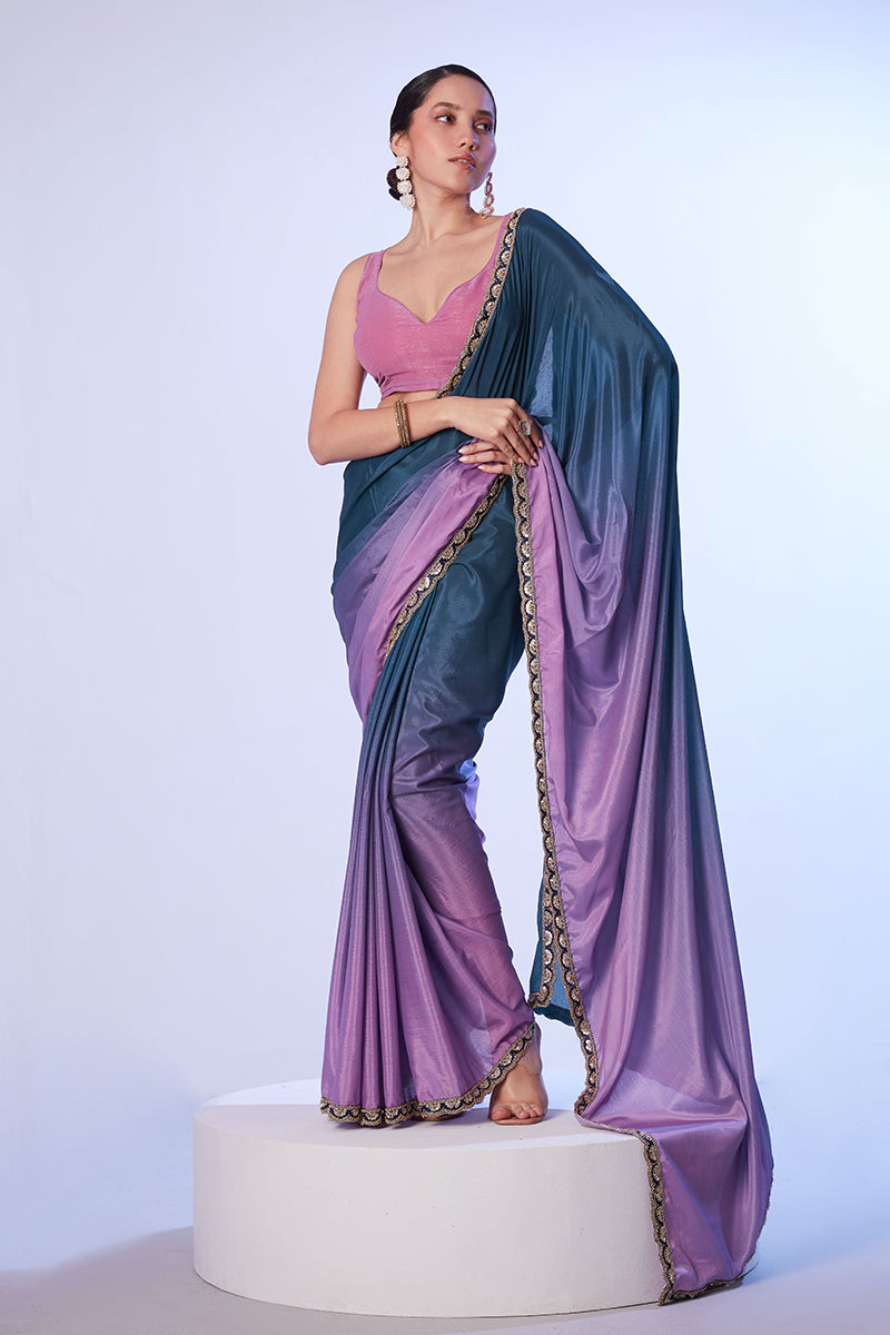 Monjolika Fashion Blue and Lavender Lace Ceremonial Chinon Classic Saree | Grocsy