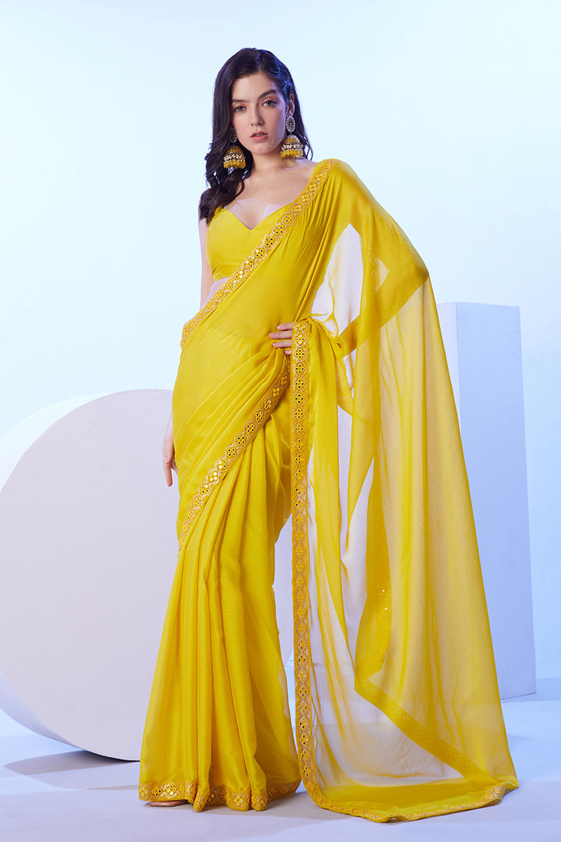 Monjolika Fashion Yellow Moss Lace Work Saree With Unstitched Blouse For Women | Grocsy