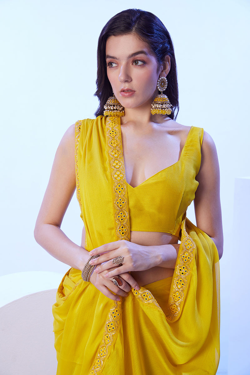 Monjolika Fashion Yellow Moss Lace Work Saree With Unstitched Blouse For Women | Grocsy