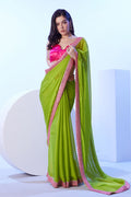 Monjolika Fashion Parrot Green Moss Lace Work Saree With Unstitched Blouse For Women | Grocsy