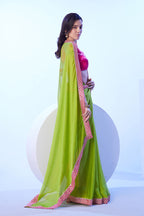 Monjolika Fashion Parrot Green Moss Lace Work Saree With Unstitched Blouse For Women | Grocsy
