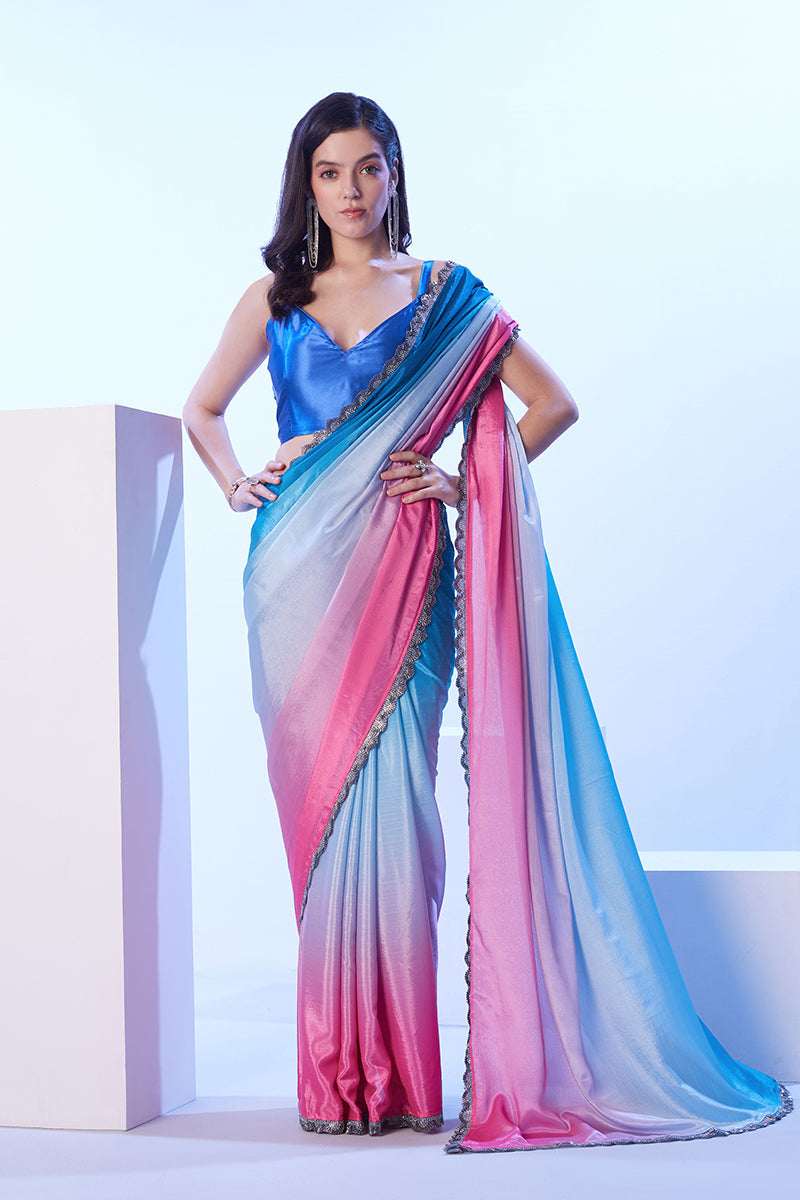 Monjolika Fashion Multicolour Lace Ceremonial Chinon Classic Saree | Grocsy