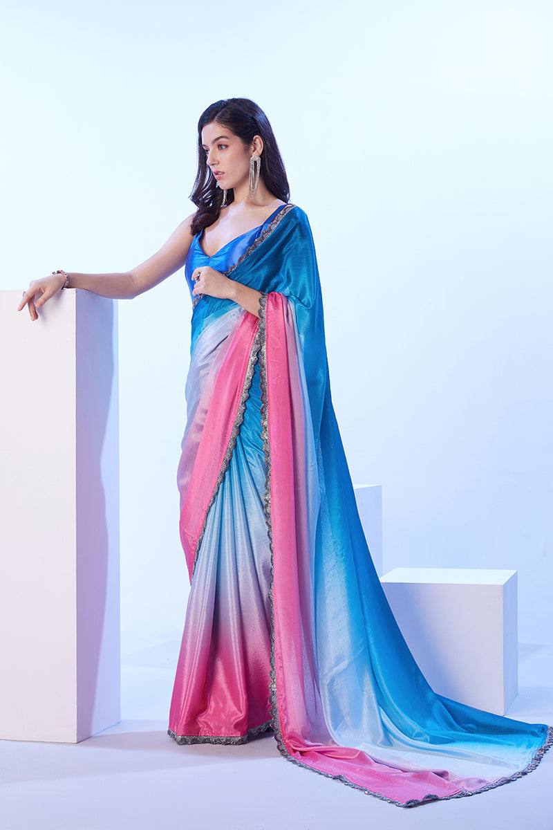 Monjolika Fashion Multicolour Lace Ceremonial Chinon Classic Saree | Grocsy