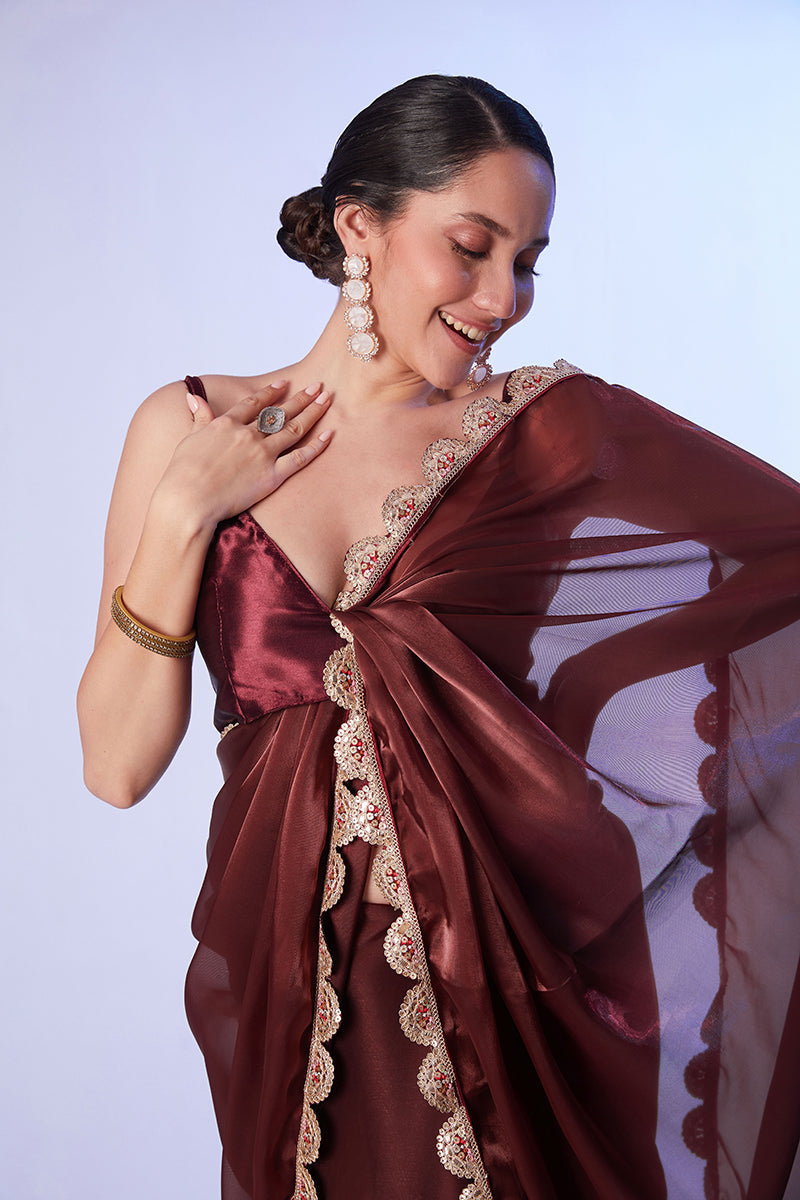 Monjolika Fashion Coffee Brown Satin Saree with Art Silk Blouse and Lace Detailing | Grocsy