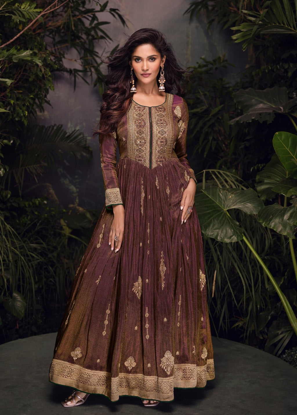 Anaita Copper Viscose Simar Jacquard Stitched Handmade Khatli Work Anarkali Gown | Grocsy