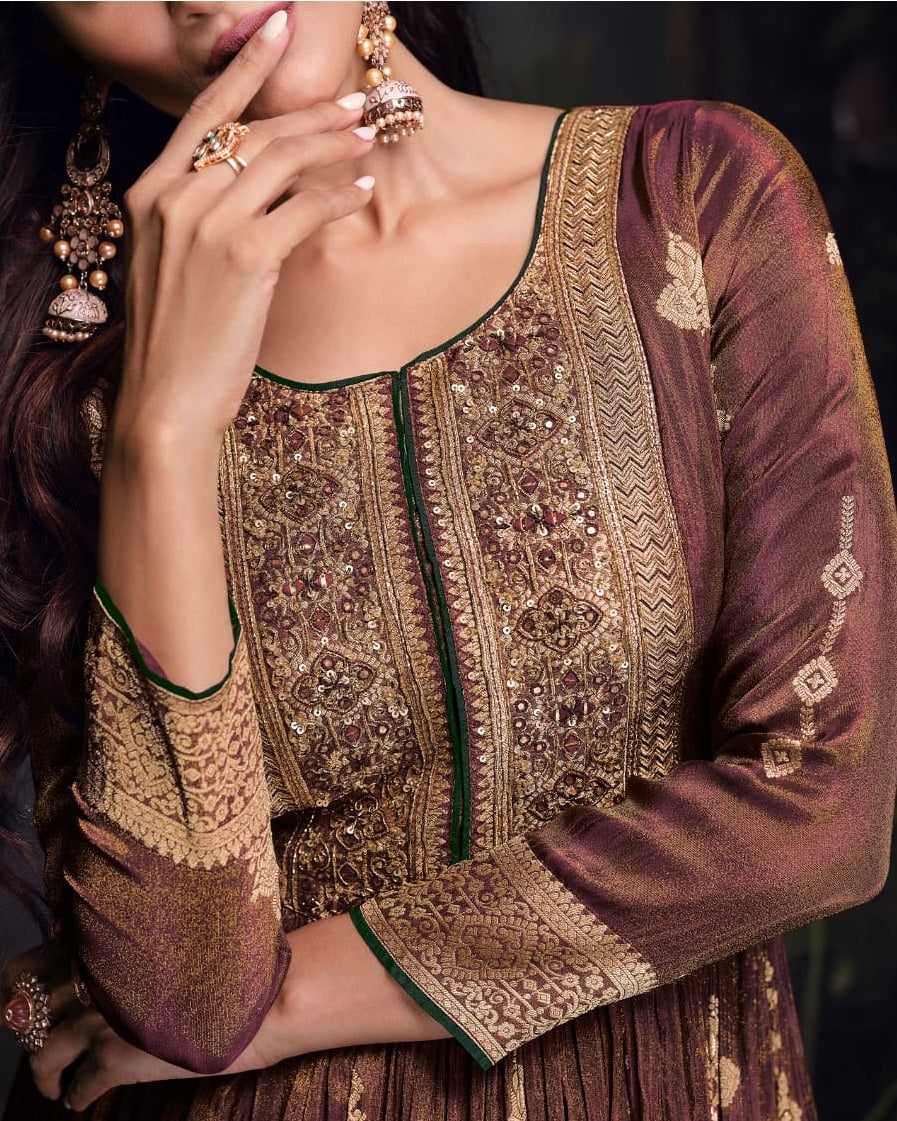 Anaita Copper Viscose Simar Jacquard Stitched Handmade Khatli Work Anarkali Gown | Grocsy
