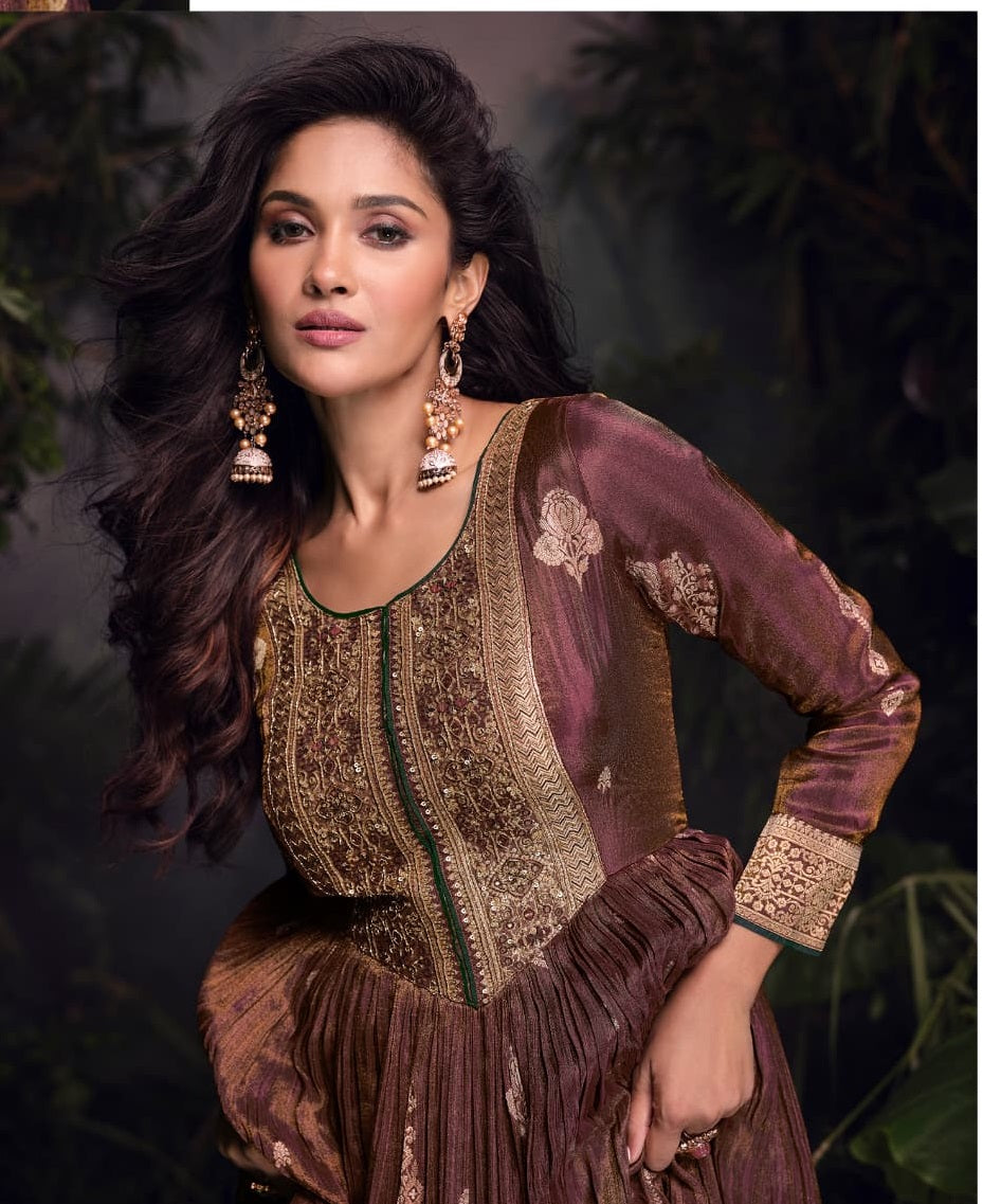 Anaita Copper Viscose Simar Jacquard Stitched Handmade Khatli Work Anarkali Gown | Grocsy