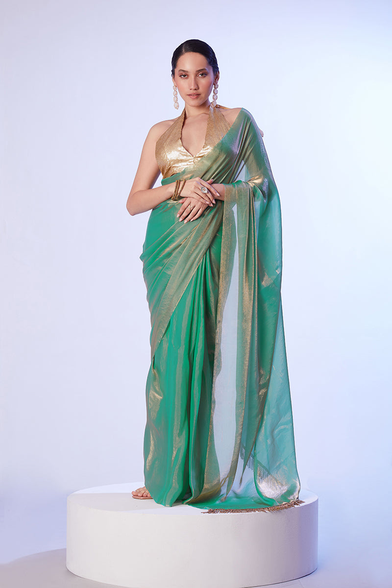 Monjolika Fashion Sea Green Satin Gold Organza Saree with Gold Art Silk Blouse and Lace Detailing | Grocsy