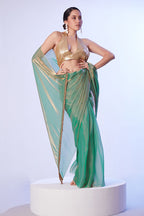 Monjolika Fashion Sea Green Satin Gold Organza Saree with Gold Art Silk Blouse and Lace Detailing | Grocsy