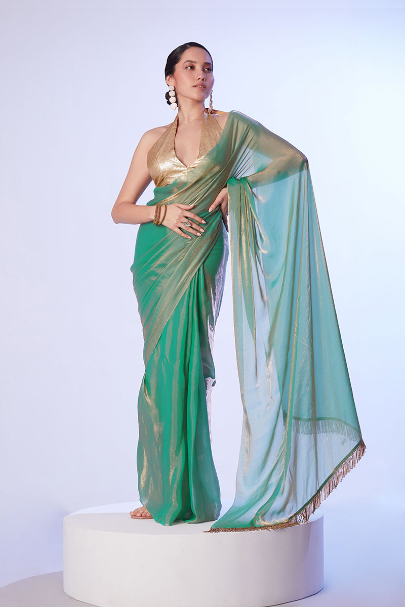 Monjolika Fashion Sea Green Satin Gold Organza Saree with Gold Art Silk Blouse and Lace Detailing | Grocsy
