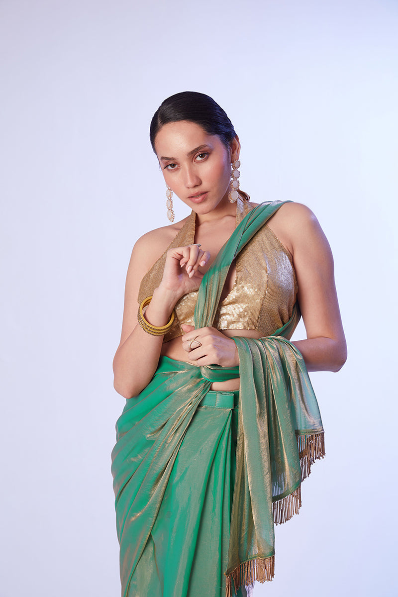 Monjolika Fashion Sea Green Satin Gold Organza Saree with Gold Art Silk Blouse and Lace Detailing | Grocsy