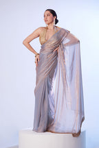 Monjolika Fashion Grey Satin Gold Organza Saree with Gold Art Silk Blouse and Lace Detailing | Grocsy