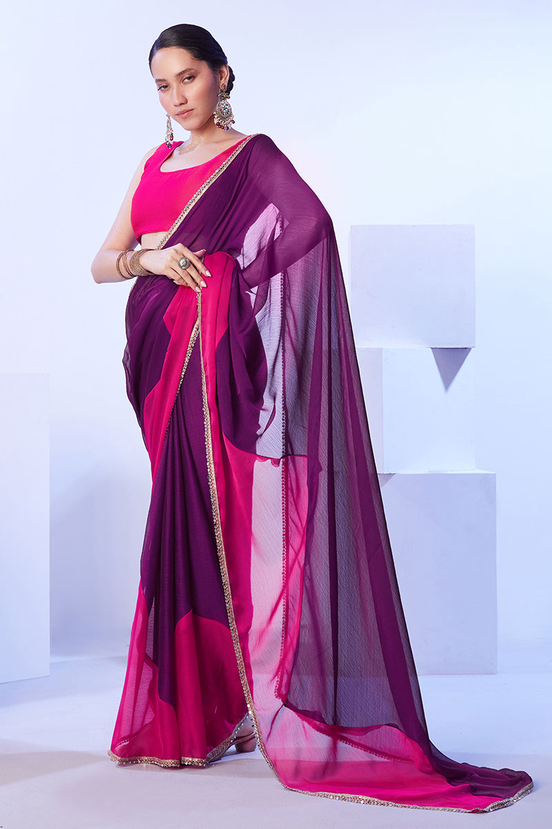 Monjolika Fashion Satin Moss Purple & Pink Colour Lace Designer Saree | Grocsy