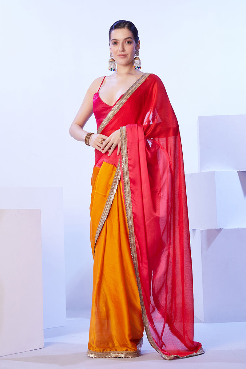 Monjolika Fashion Satin Moss Orange & Red Colour Lace Designer Saree | Grocsy