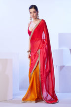 Monjolika Fashion Satin Moss Orange & Red Colour Lace Designer Saree | Grocsy