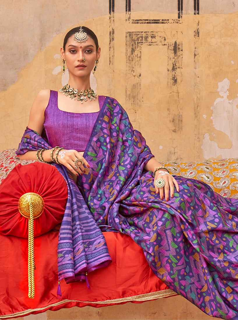 Monjolika Fashion Silk Blend Printed Violet Trendy Saree For Casual | Grocsy