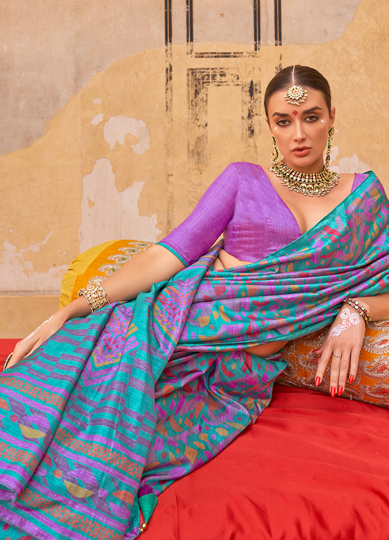 Monjolika Fashion Silk Blend Printed Turquoise Trendy Saree For Casual | Grocsy