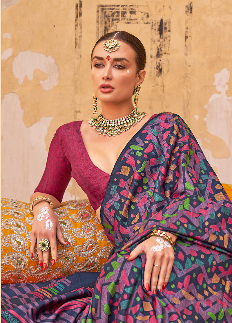 Monjolika Fashion Silk Blend Printed Navy Blue Trendy Saree For Casual | Grocsy